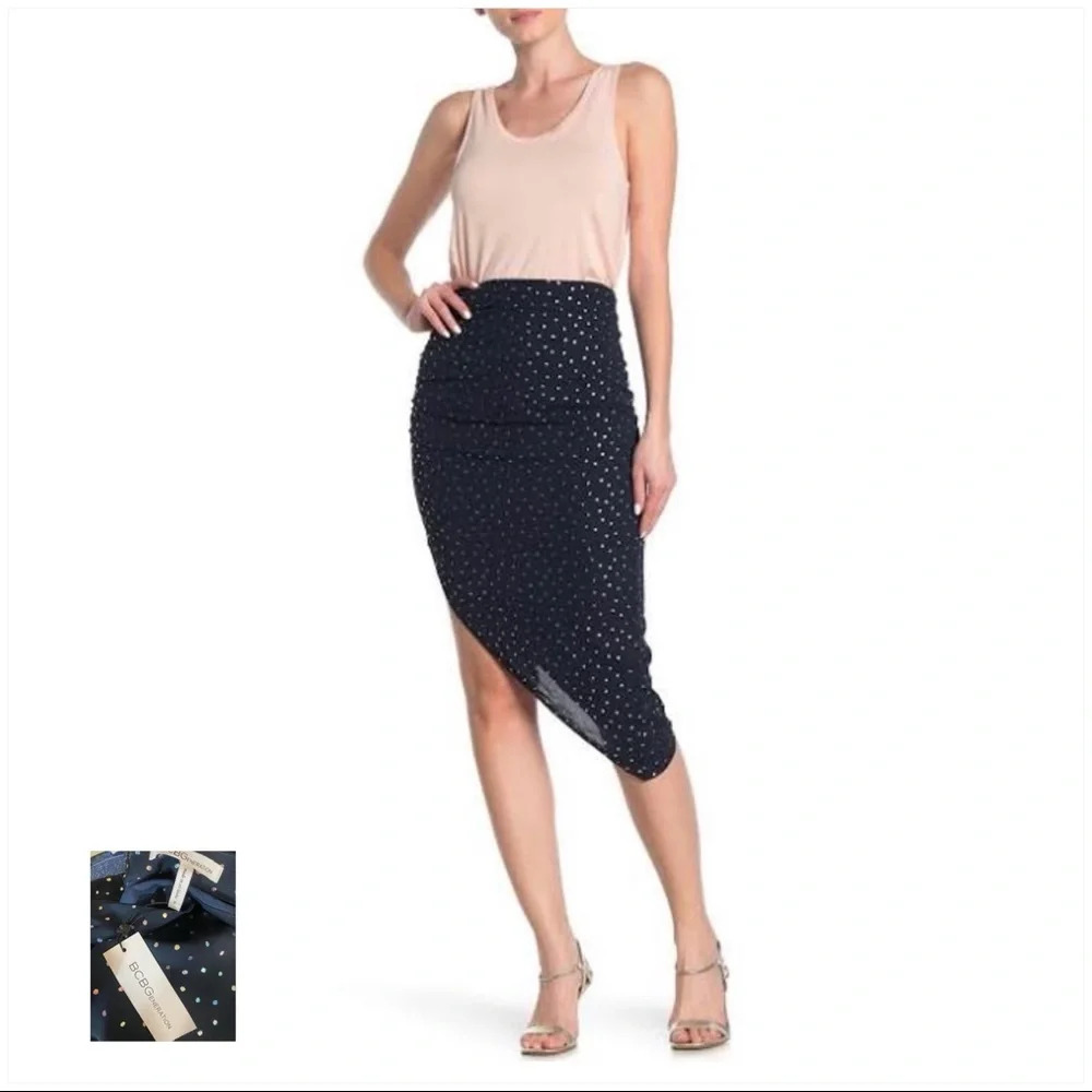 BCBGeneration NWT Navy Polka Dot Asymmetrical Skirt